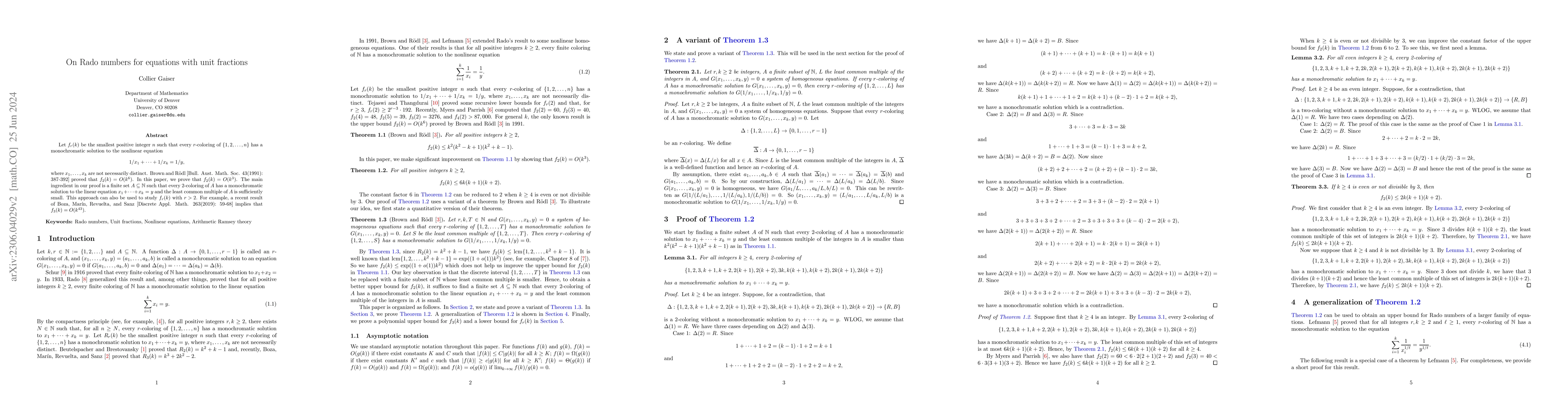Thumbnail for On Rado numbers for equations with unit fractions