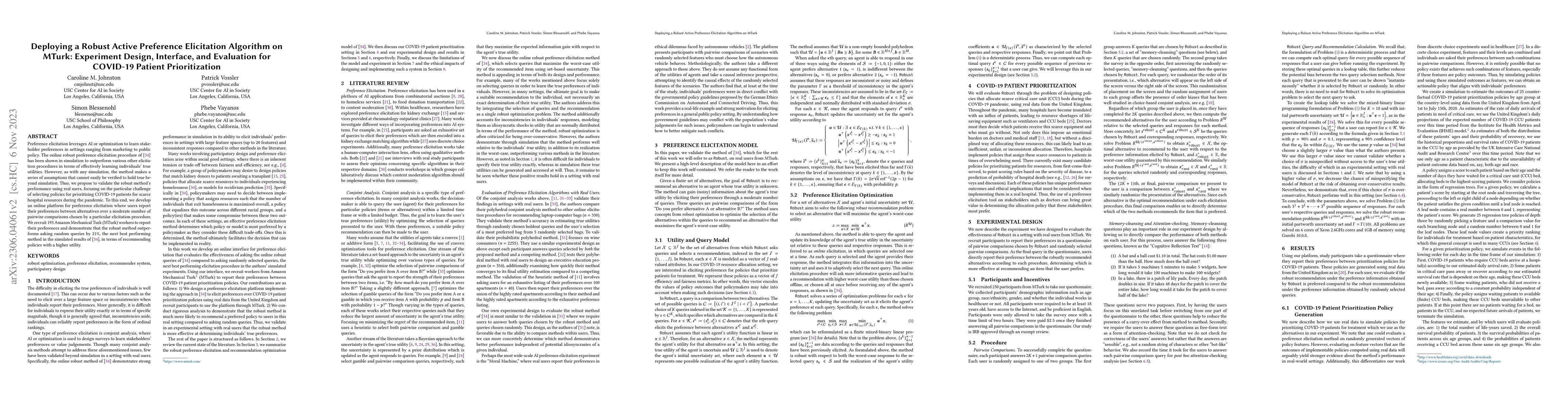 Thumbnail for Deploying a Robust Active Preference Elicitation Algorithm on MTurk:
  Experiment Design, Interface, and Evaluation for COVID-19 Patient
  Prioritization
