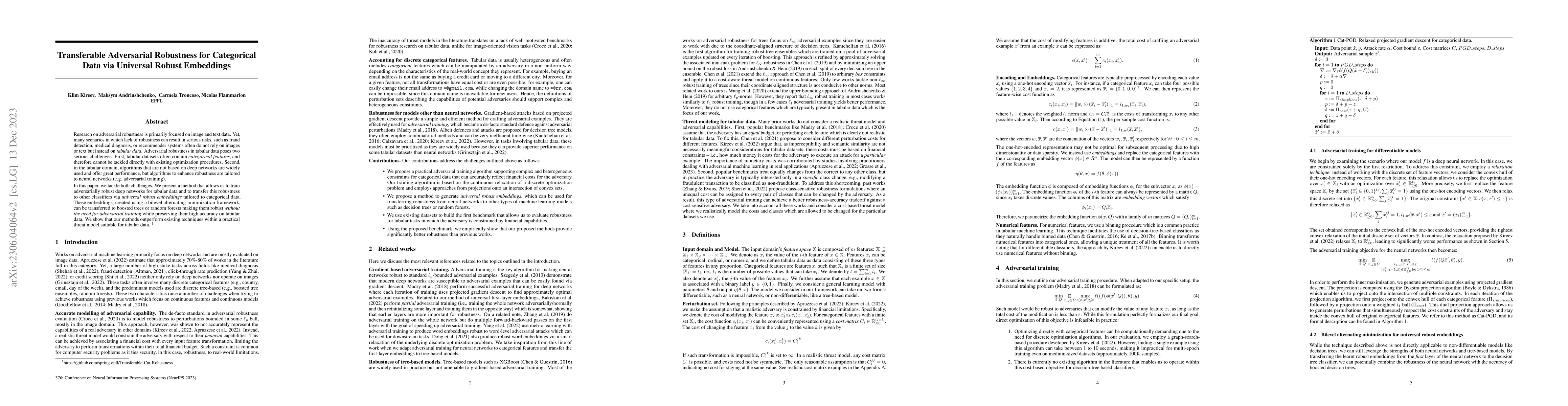 Thumbnail for Transferable Adversarial Robustness for Categorical Data via Universal
  Robust Embeddings