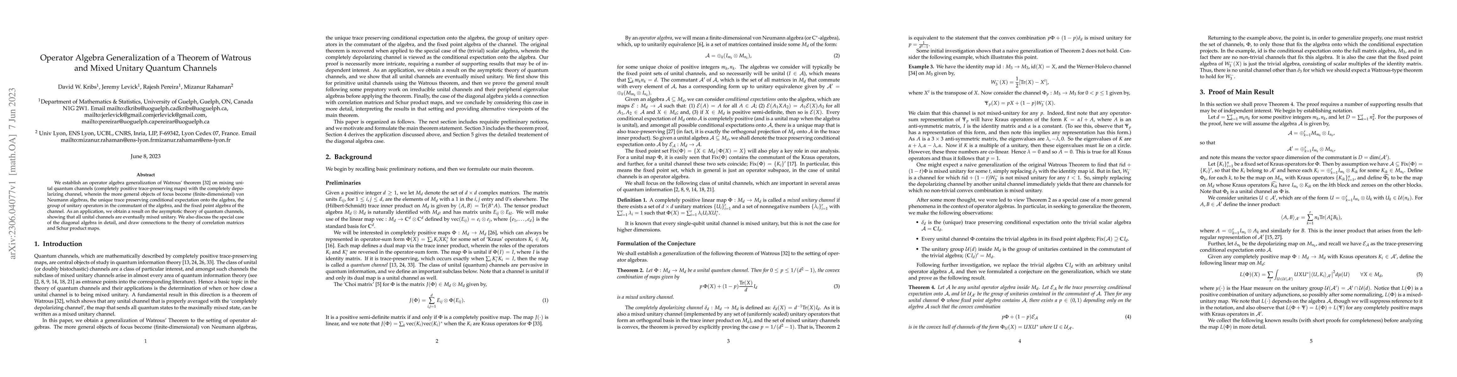 Thumbnail for Operator Algebra Generalization of a Theorem of Watrous and Mixed
  Unitary Quantum Channels