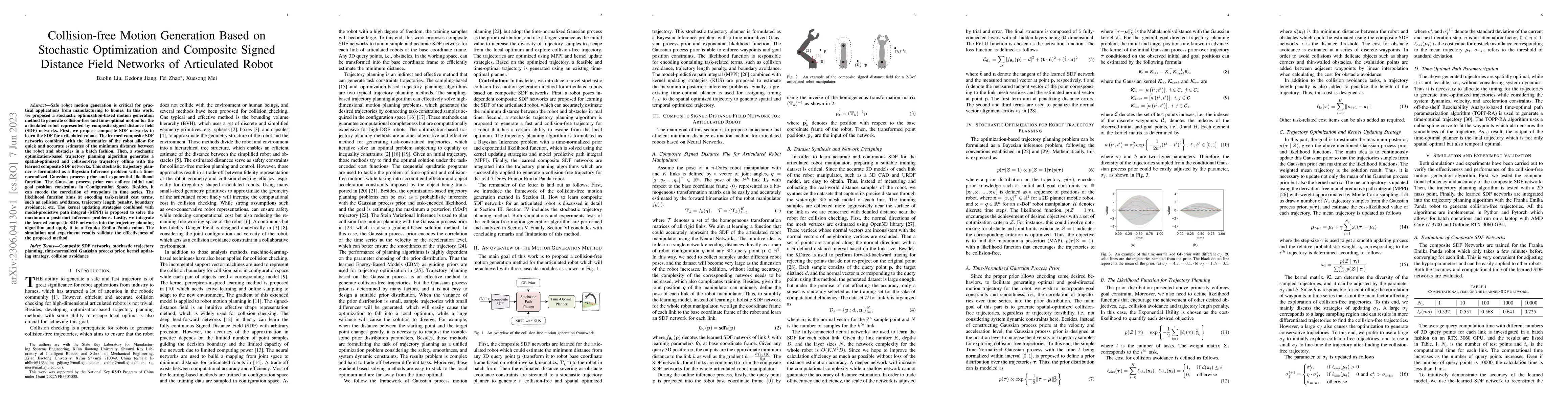 Thumbnail for Collision-free Motion Generation Based on Stochastic Optimization and
  Composite Signed Distance Field Networks of Articulated Robot