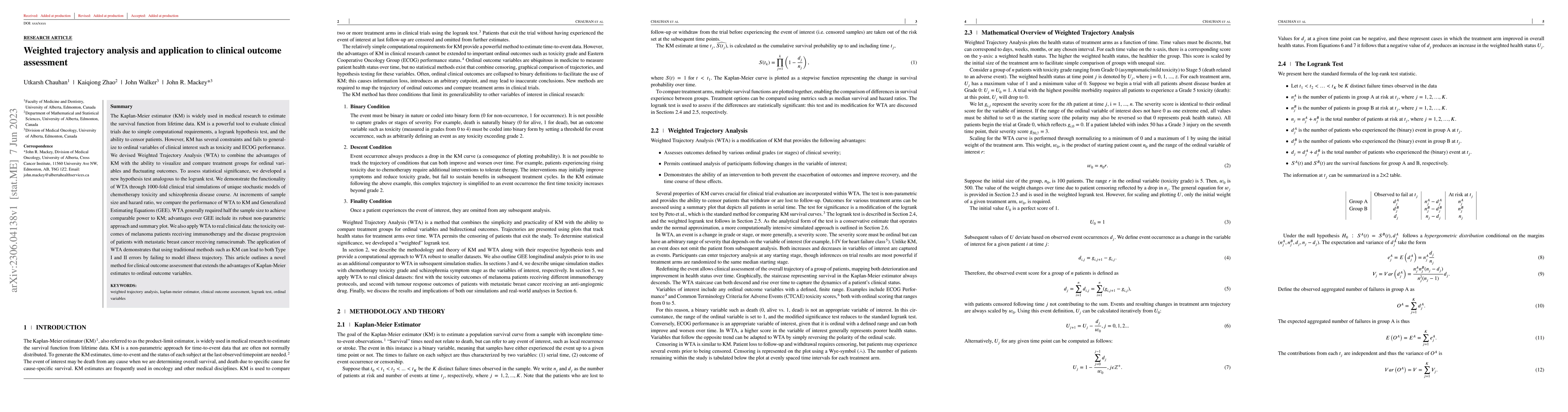 Thumbnail for Weighted trajectory analysis and application to clinical outcome
  assessment