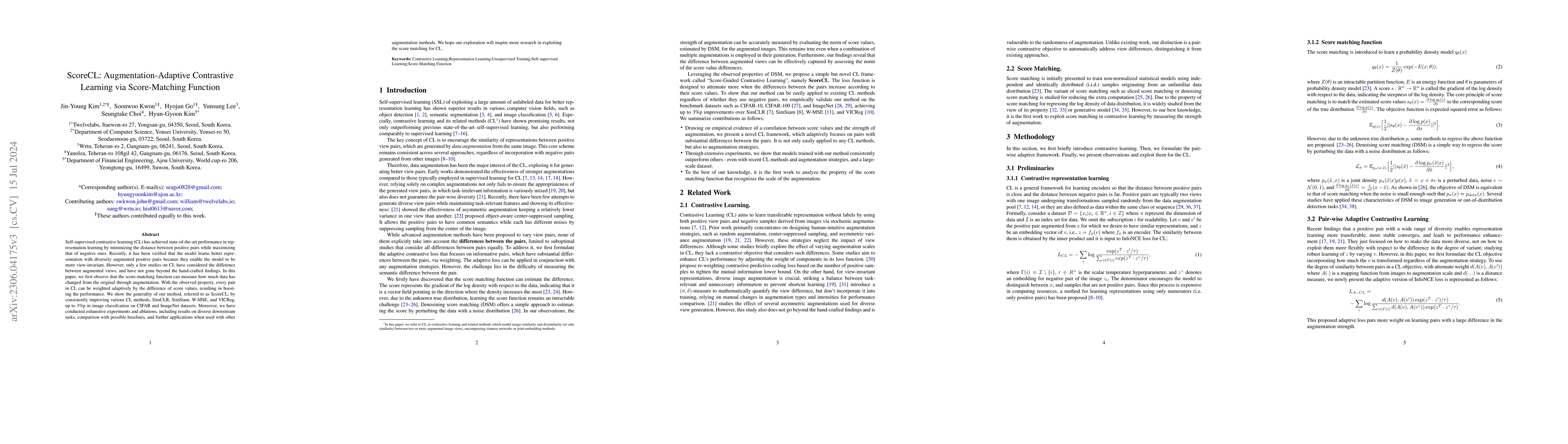 Thumbnail for ScoreCL: Augmentation-Adaptive Contrastive Learning via Score-Matching
  Function