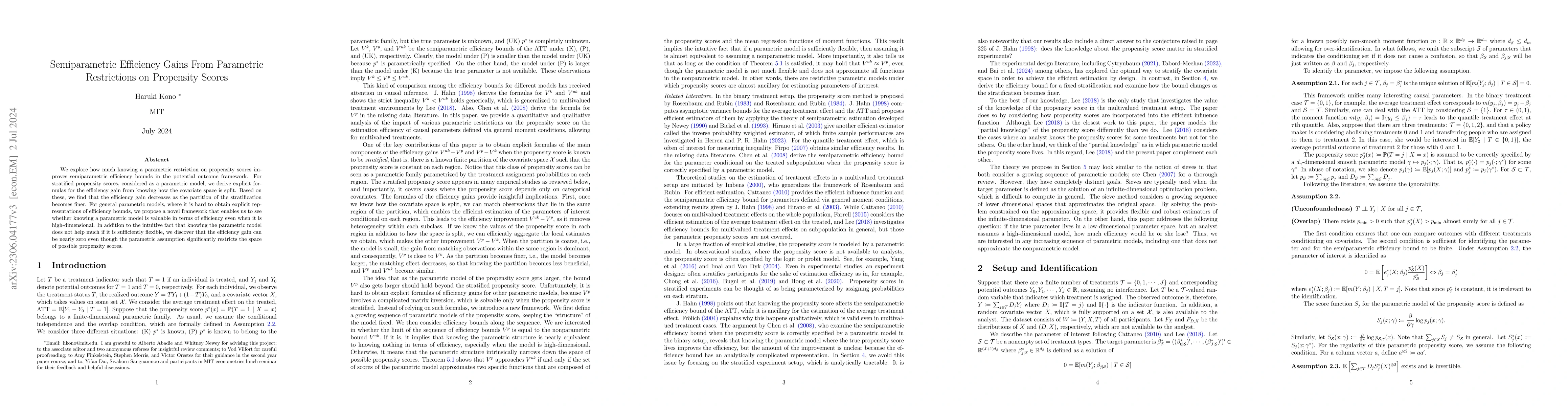 Thumbnail for Semiparametric Efficiency Gains From Parametric Restrictions on
  Propensity Scores