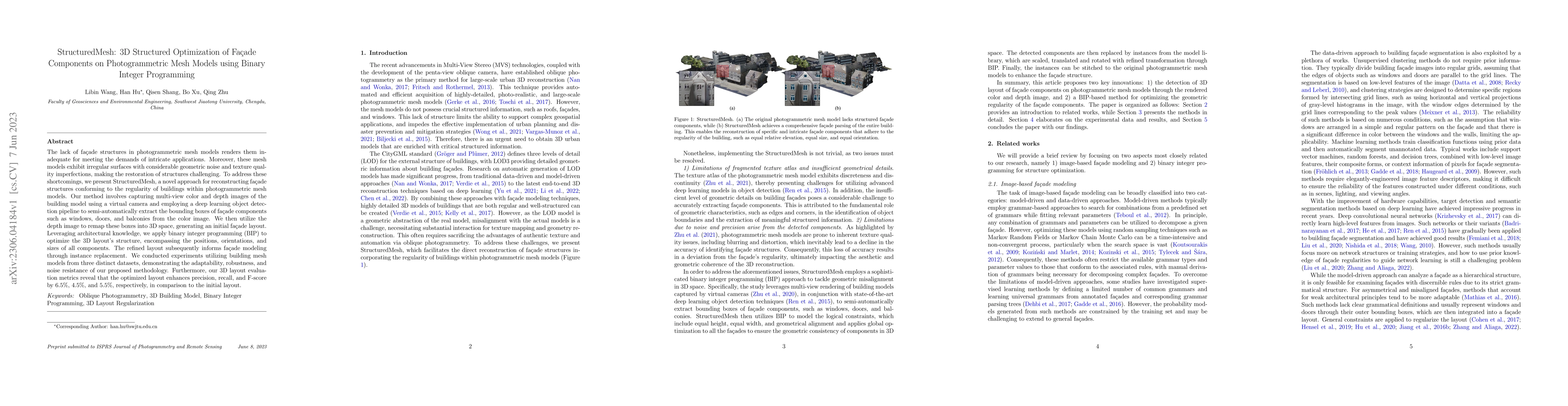 Thumbnail for StructuredMesh: 3D Structured Optimization of Fa\c{c}ade Components on
  Photogrammetric Mesh Models using Binary Integer Programming