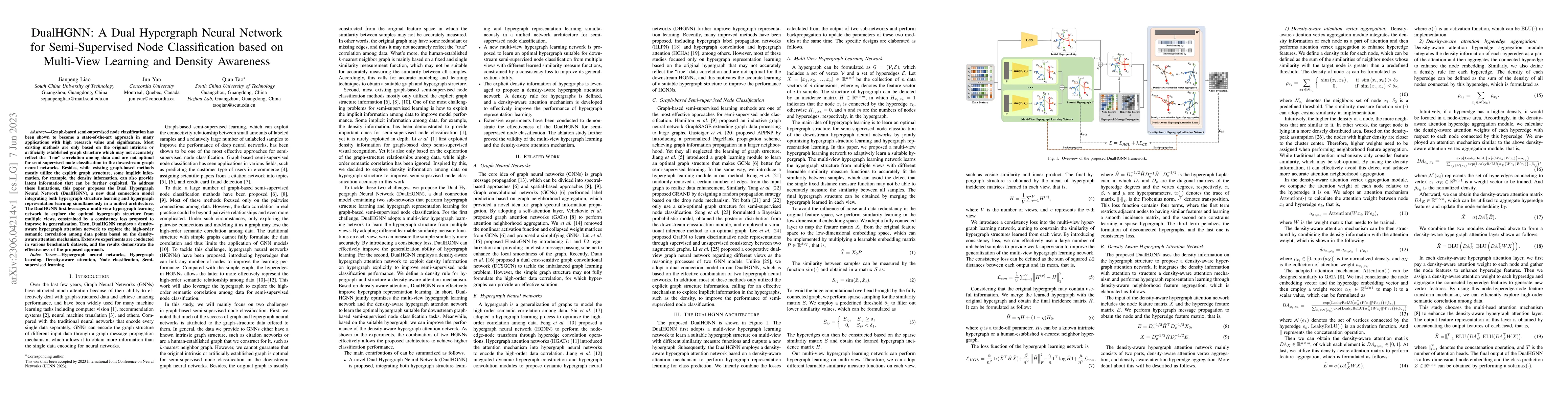 Thumbnail for DualHGNN: A Dual Hypergraph Neural Network for Semi-Supervised Node
  Classification based on Multi-View Learning and Density Awareness