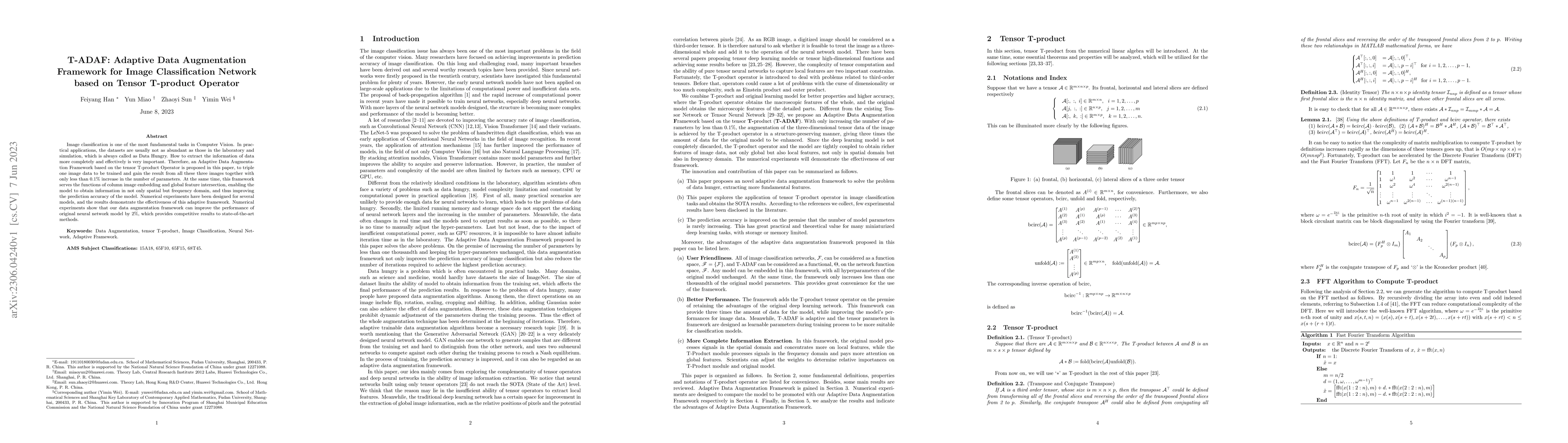 Thumbnail for T-ADAF: Adaptive Data Augmentation Framework for Image Classification
  Network based on Tensor T-product Operator