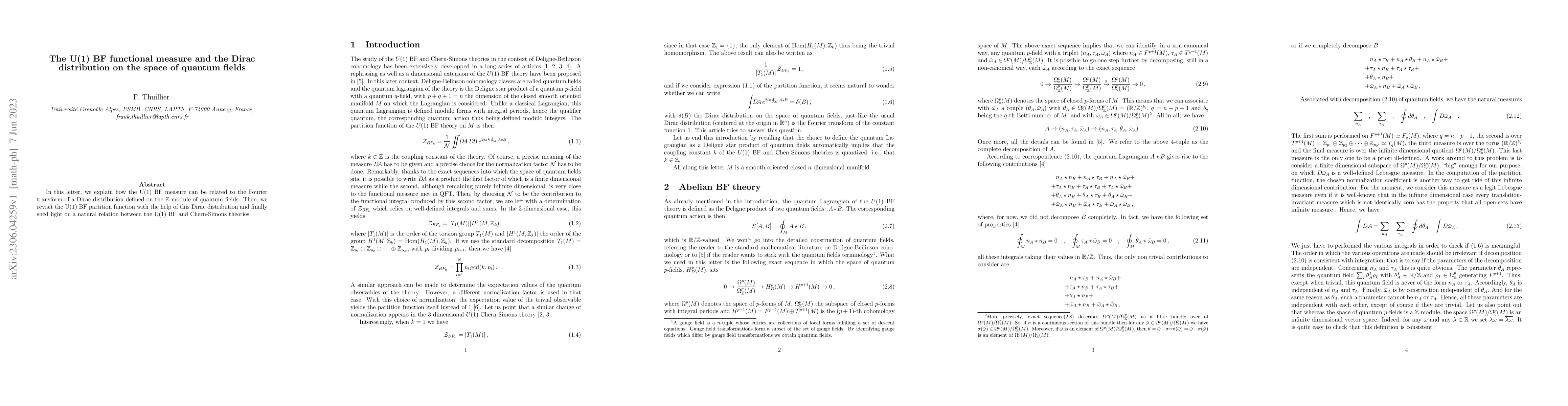 Thumbnail for The U(1) BF functional measure and the Dirac distribution on the space
  of quantum fields