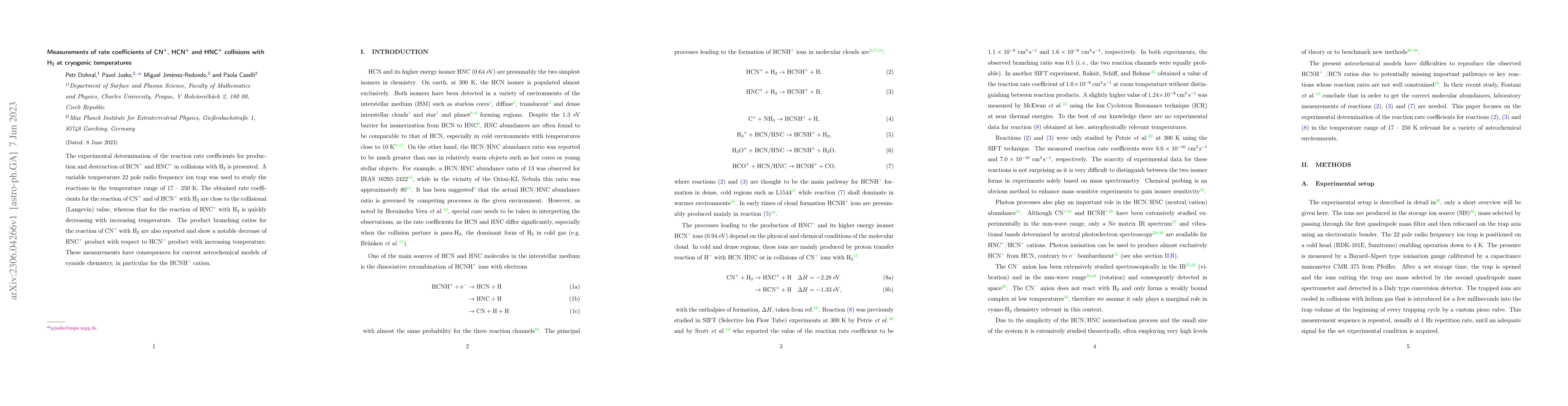 Thumbnail for Measurements of rate coefficients of CN$^+$, HCN$^+$ and HNC$^+$
  collisions with H$_2$ at cryogenic temperatures