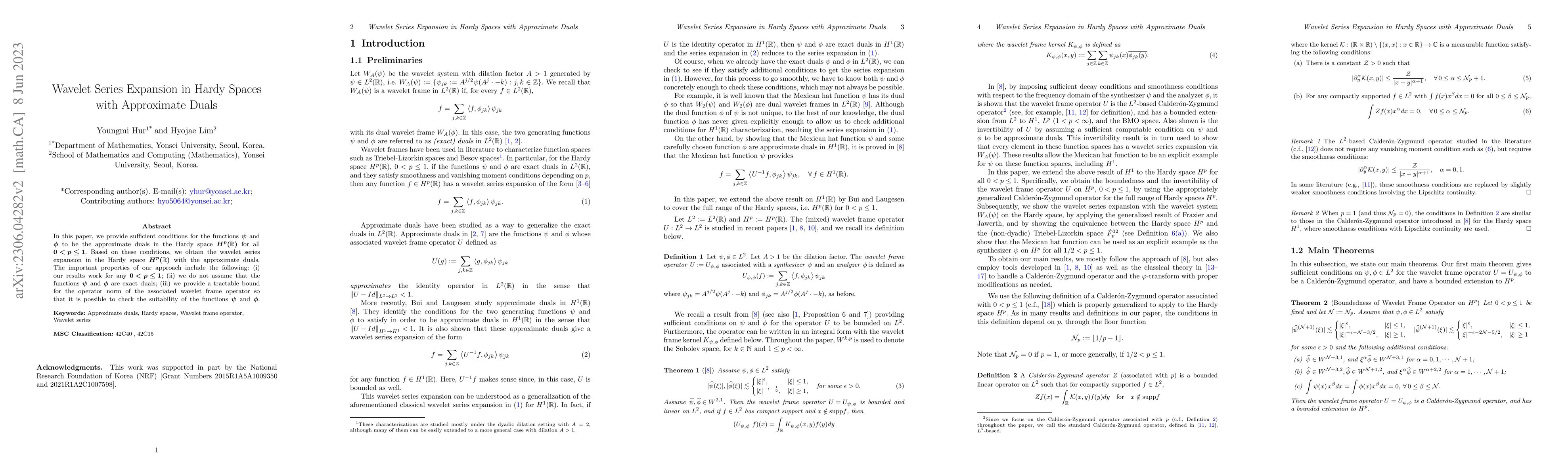 Thumbnail for Wavelet series expansion in Hardy spaces with approximate duals