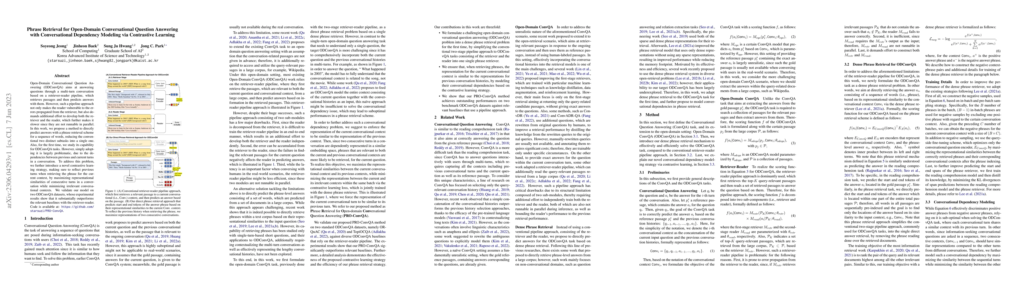 Thumbnail for Phrase Retrieval for Open-Domain Conversational Question Answering with
  Conversational Dependency Modeling via Contrastive Learning