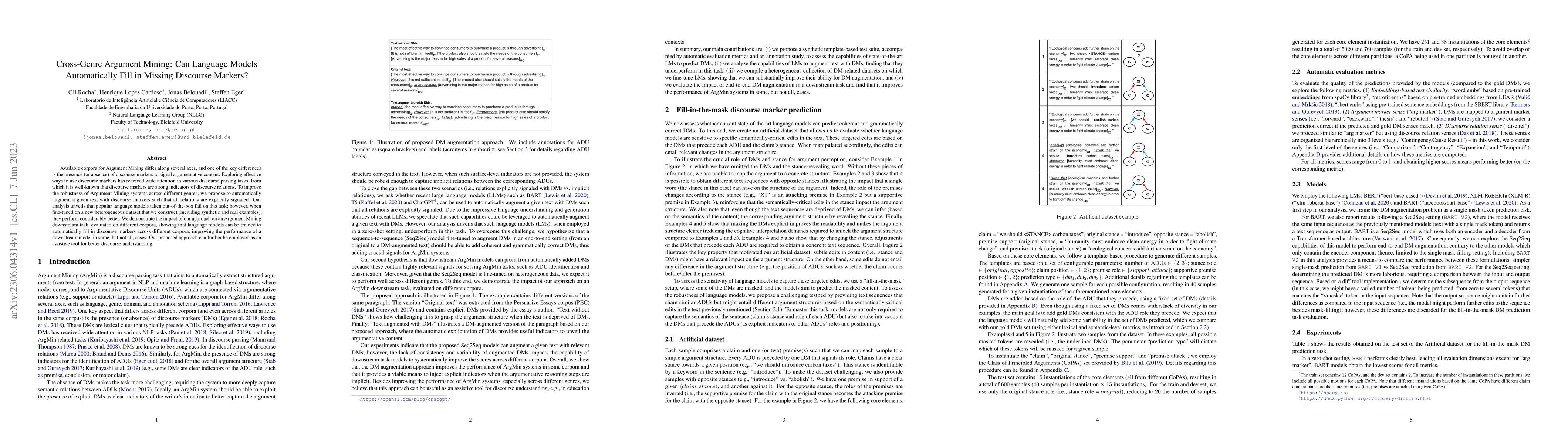 Thumbnail for Cross-Genre Argument Mining: Can Language Models Automatically Fill in
  Missing Discourse Markers?