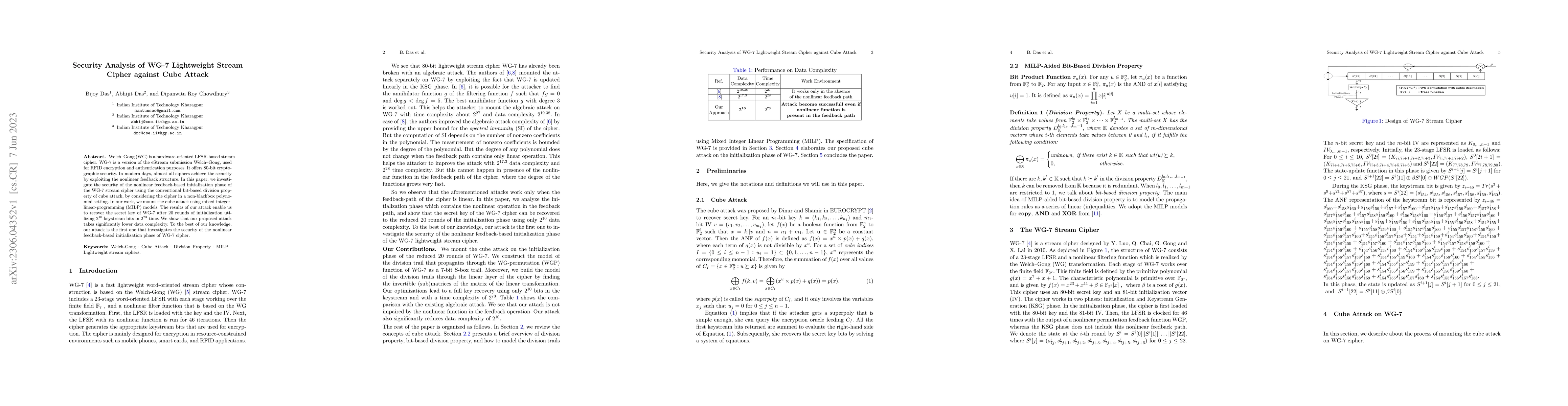 Thumbnail for Security Analysis of WG-7 Lightweight Stream Cipher against Cube Attack