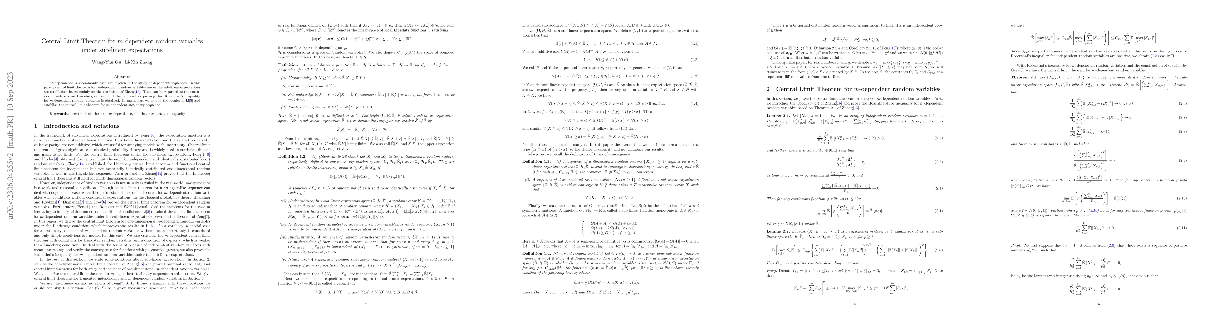 Thumbnail for Central Limit Theorem for m-dependent random variables under sub-linear
  expectations