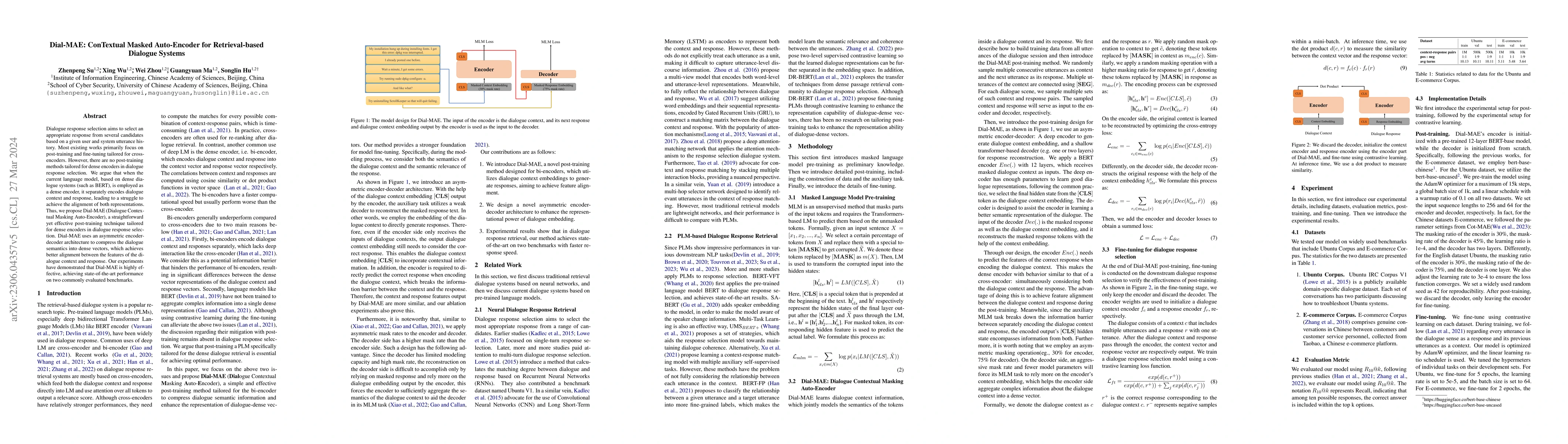 Thumbnail for Dial-MAE: ConTextual Masked Auto-Encoder for Retrieval-based Dialogue
  Systems