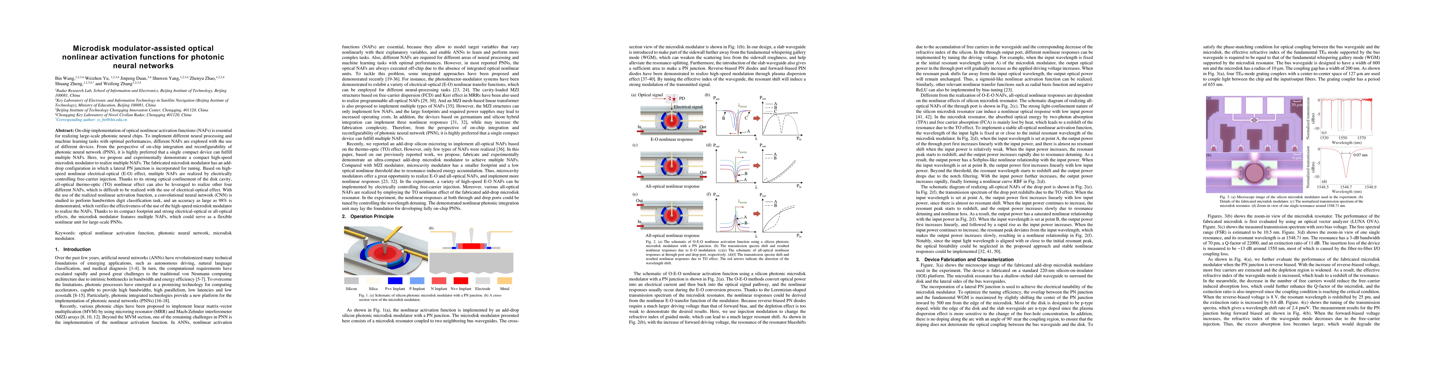 Thumbnail for Microdisk modulator-assisted optical nonlinear activation functions for
  photonic neural networks