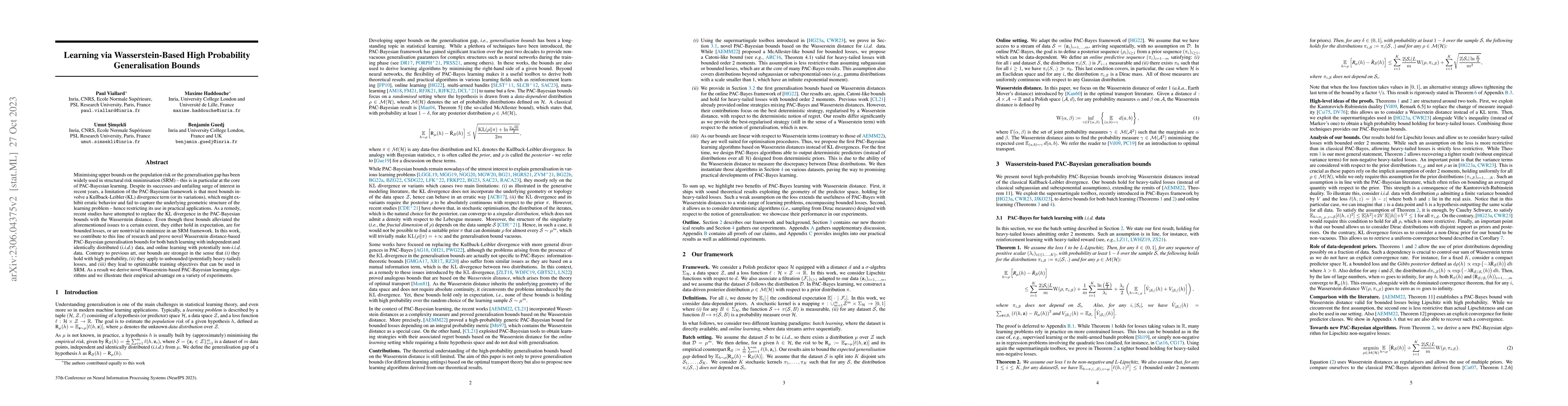 Thumbnail for Learning via Wasserstein-Based High Probability Generalisation Bounds