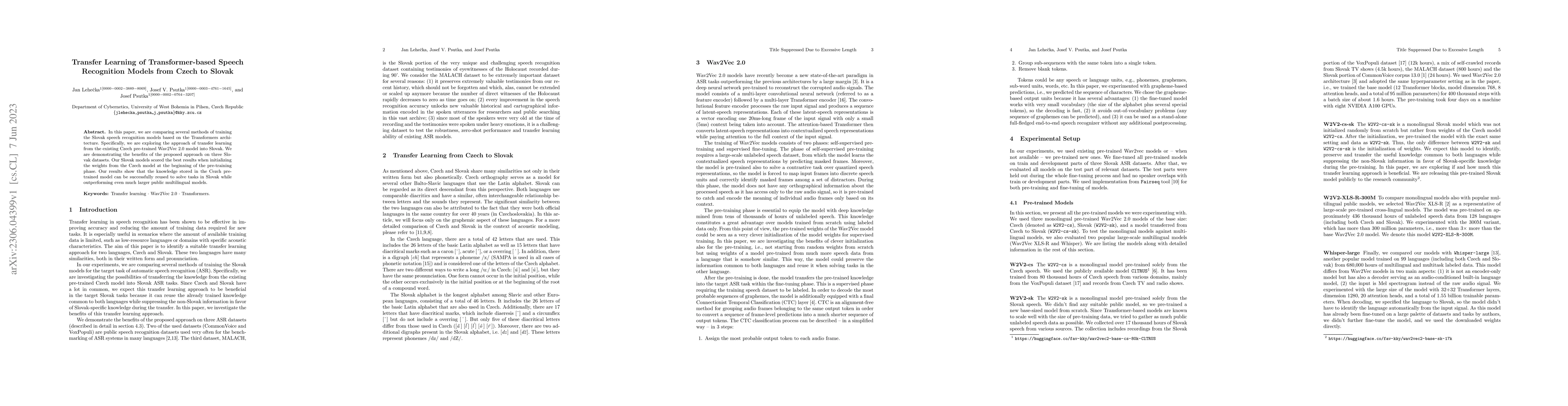 Thumbnail for Transfer Learning of Transformer-based Speech Recognition Models from
  Czech to Slovak