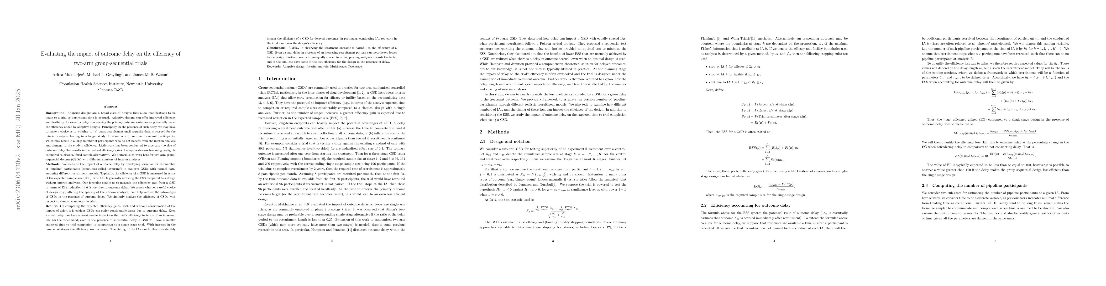 Thumbnail for Evaluating the impact of outcome delay on the efficiency of two-arm
  group-sequential trials