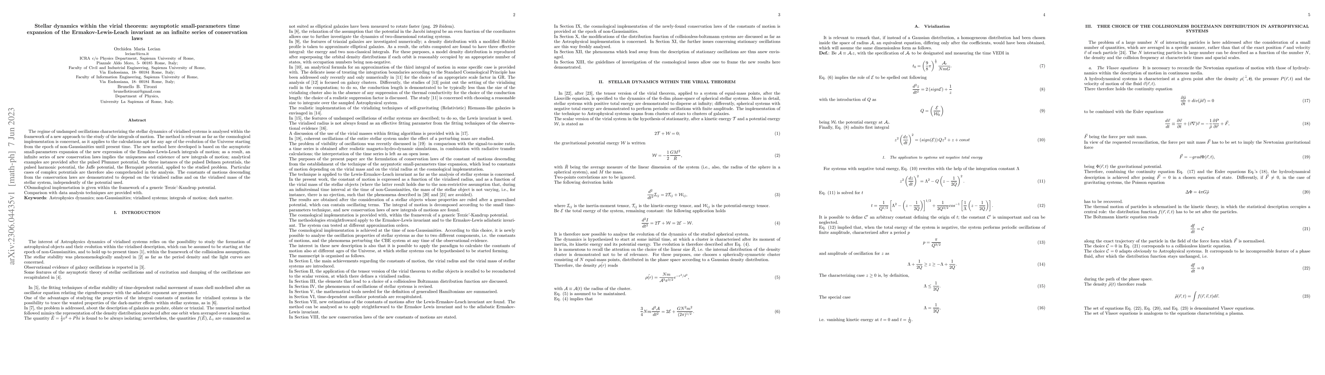 Thumbnail for Stellar dynamics within the virial theorem: asymptotic small-parameters
  time expansion of the Ermakov-Lewis-Leach invariant as an infinite series of
  conservation laws