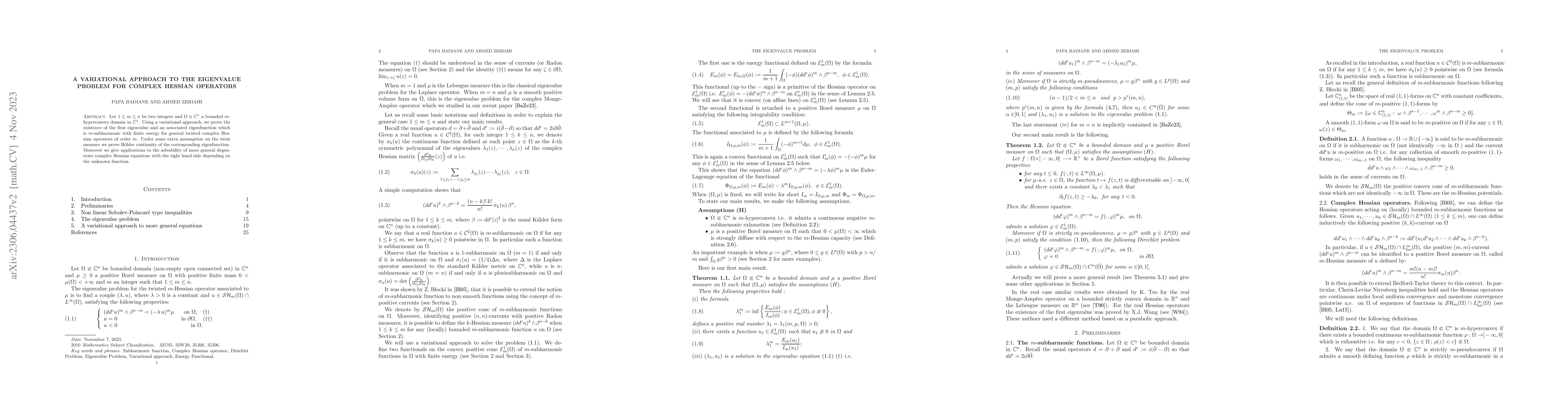 Thumbnail for A variational approach to the eigenvalue problem for complex Hessian
  operators