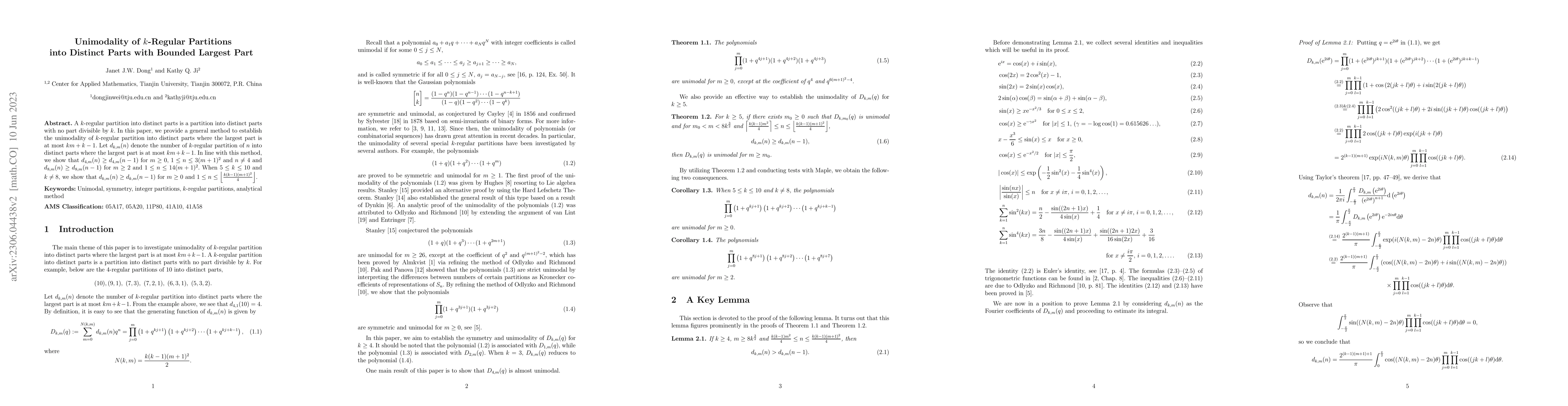 Thumbnail for Unimodality of $k$-Regular Partitions into Distinct Parts with Bounded
  Largest Part