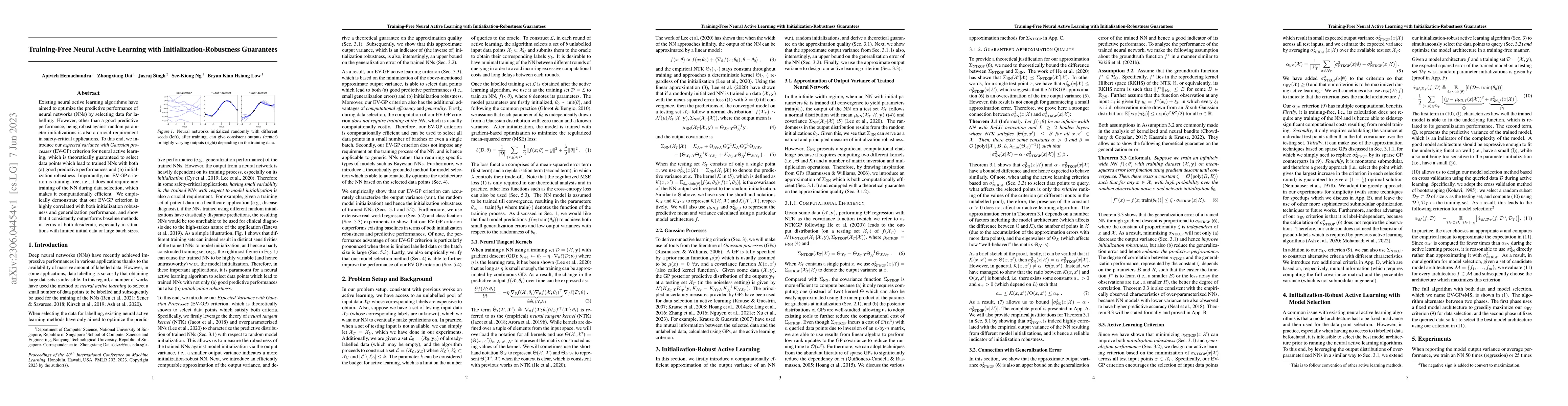 Thumbnail for Training-Free Neural Active Learning with Initialization-Robustness
  Guarantees