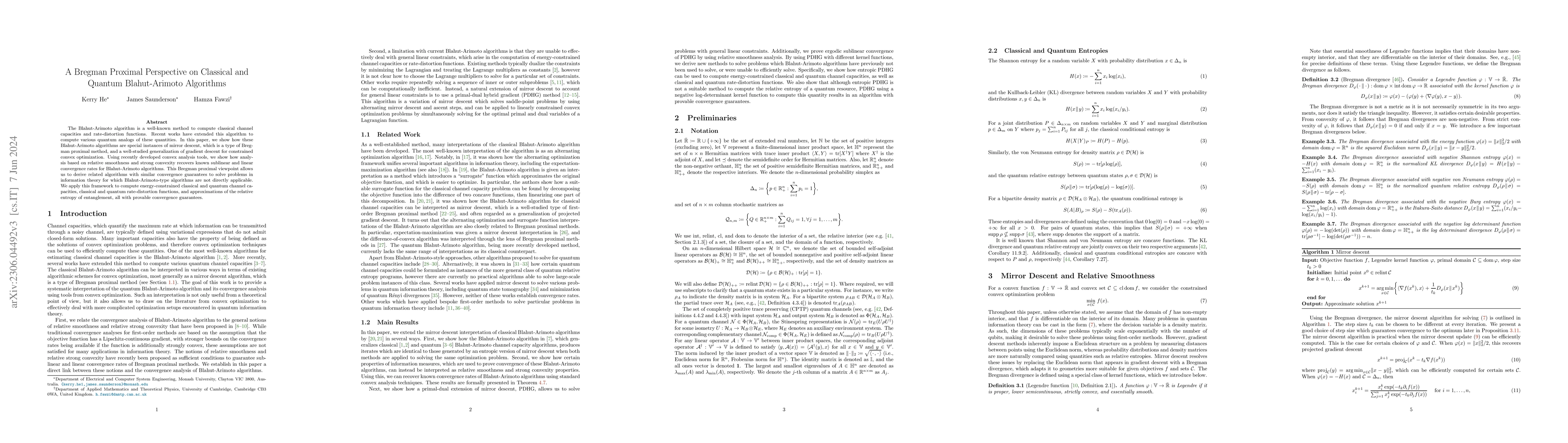 Thumbnail for A Bregman Proximal Perspective on Classical and Quantum Blahut-Arimoto
  Algorithms