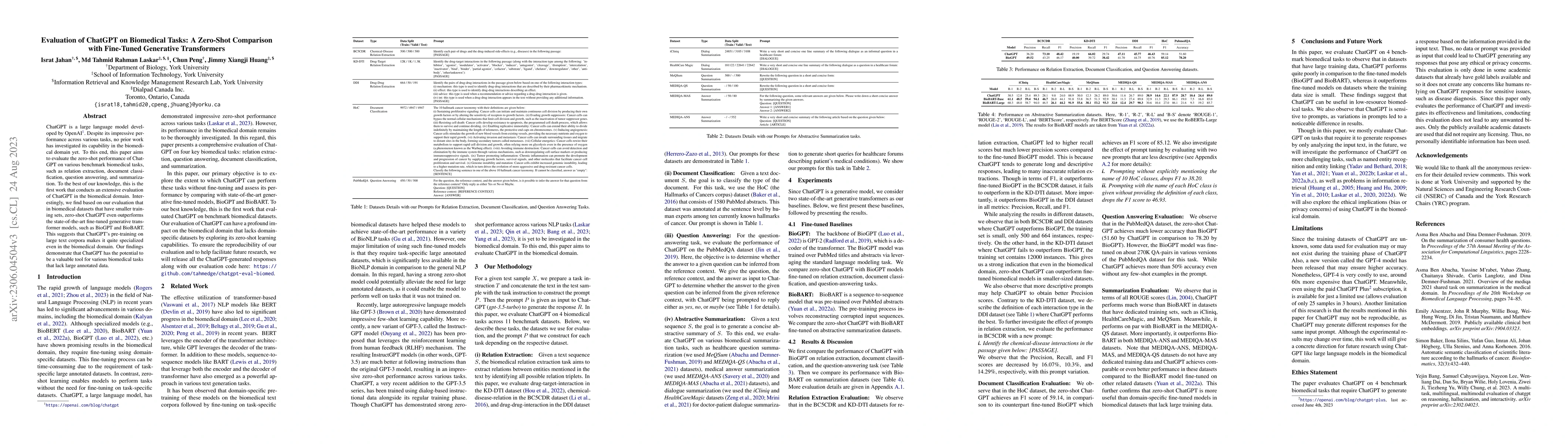 Thumbnail for Evaluation of ChatGPT on Biomedical Tasks: A Zero-Shot Comparison with
  Fine-Tuned Generative Transformers