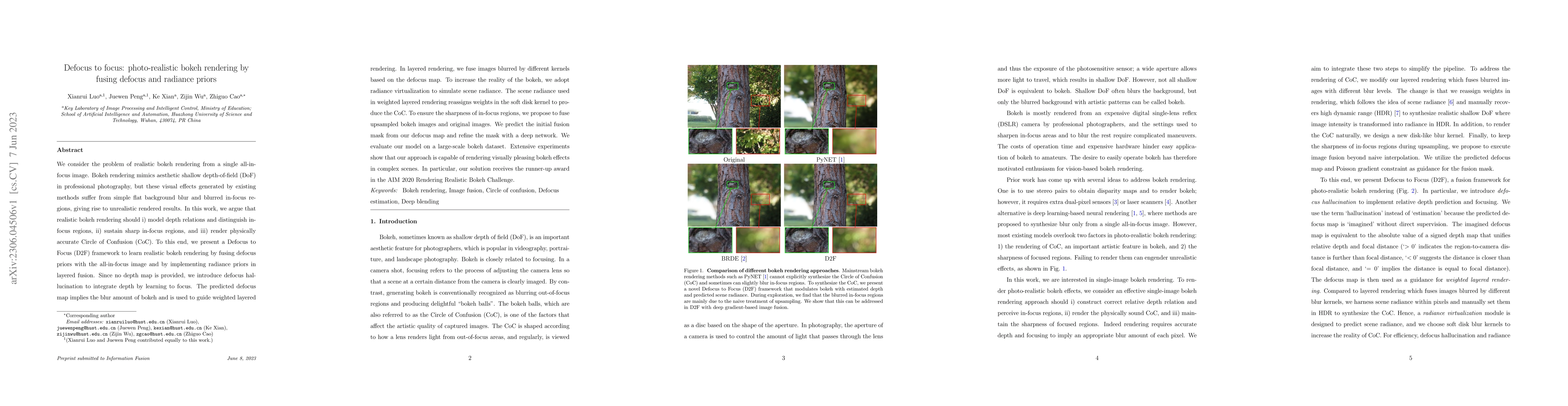 Thumbnail for Defocus to focus: Photo-realistic bokeh rendering by fusing defocus and
  radiance priors