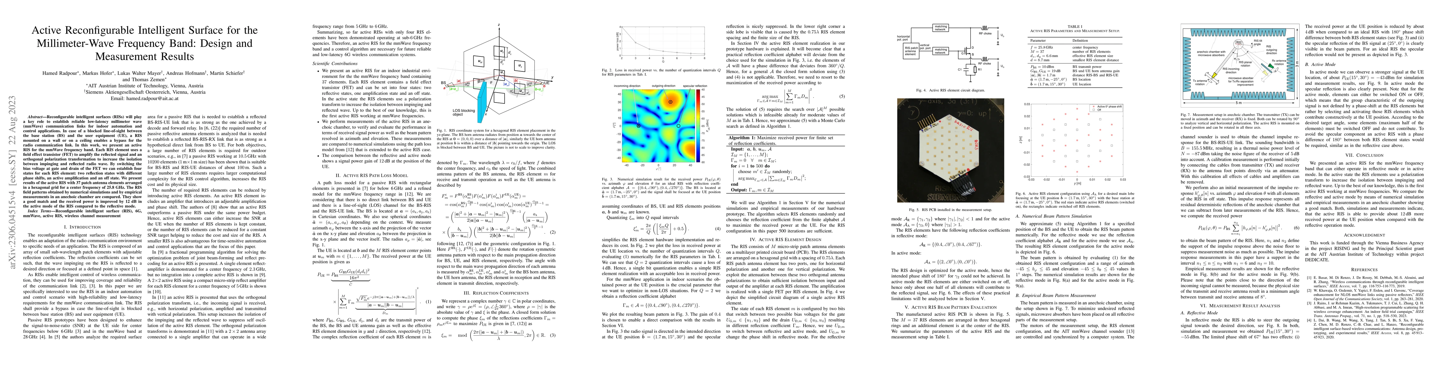 Thumbnail for Active Reconfigurable Intelligent Surface for the Millimeter-Wave
  Frequency Band: Design and Measurement Results