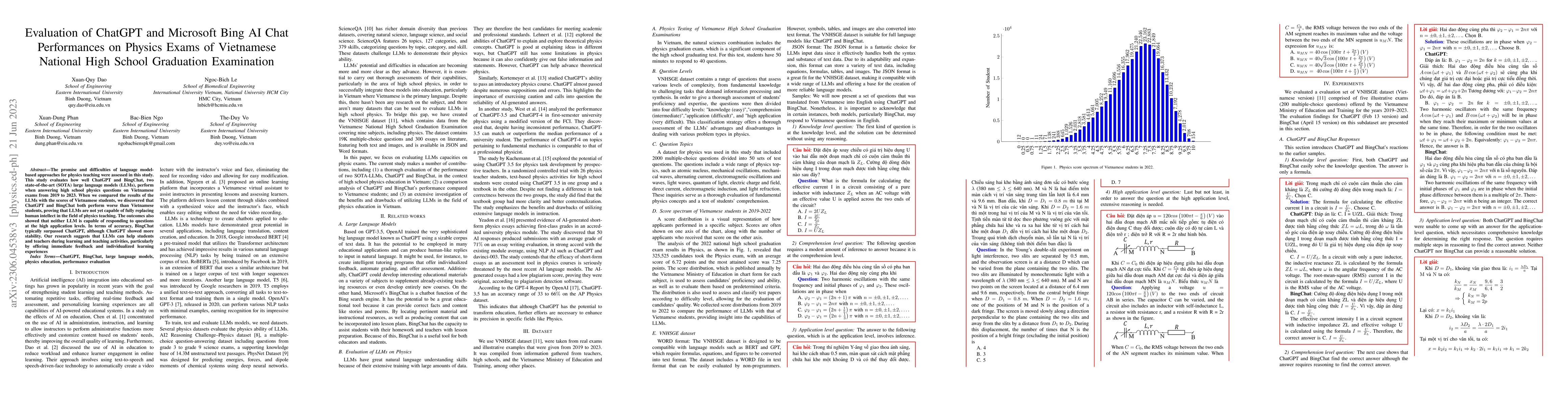 Thumbnail for Evaluation of ChatGPT and Microsoft Bing AI Chat Performances on Physics
  Exams of Vietnamese National High School Graduation Examination