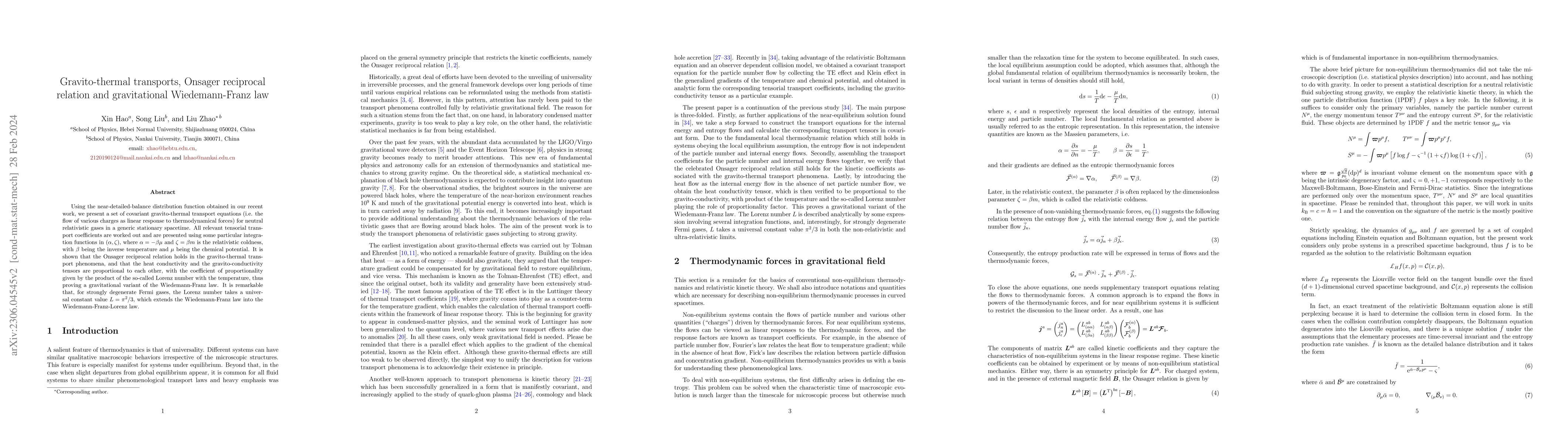 Thumbnail for Gravito-thermal transports, Onsager reciprocal relation and
  gravitational Wiedemann-Franz law