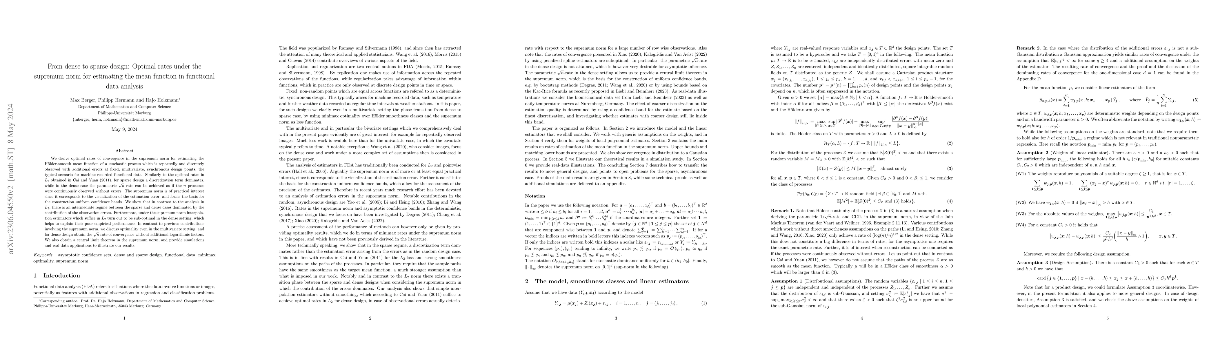Thumbnail for From dense to sparse design: Optimal rates under the supremum norm for
  estimating the mean function in functional data analysis