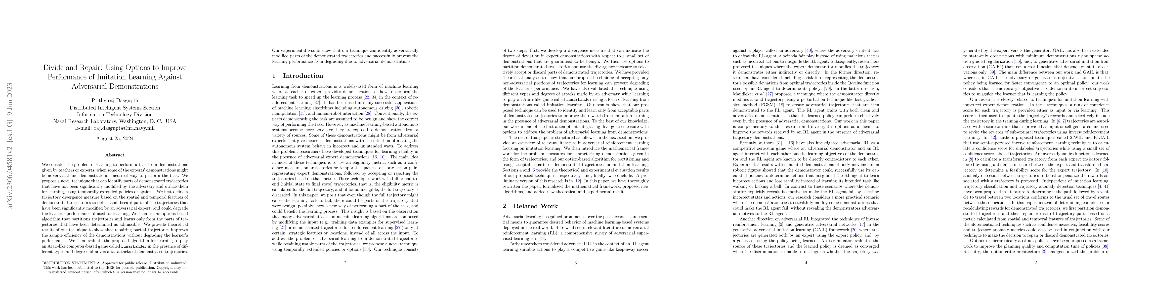 Thumbnail for Divide and Repair: Using Options to Improve Performance of Imitation
  Learning Against Adversarial Demonstrations