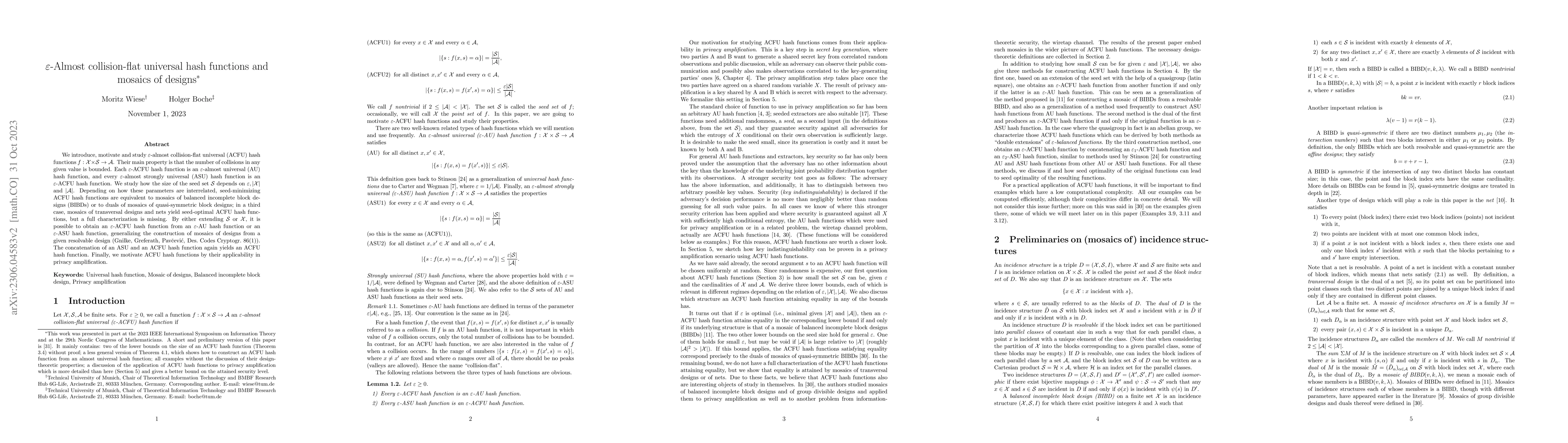 Thumbnail for $\varepsilon$-Almost collision-flat universal hash functions and mosaics
  of designs