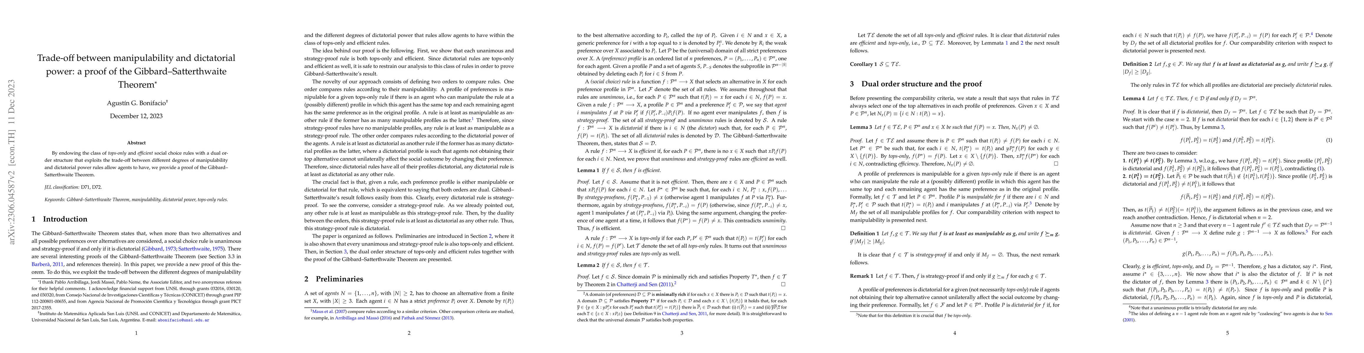 Thumbnail for Trade-off between manipulability and dictatorial power: a proof of the
  Gibbard-Satterthwaite Theorem