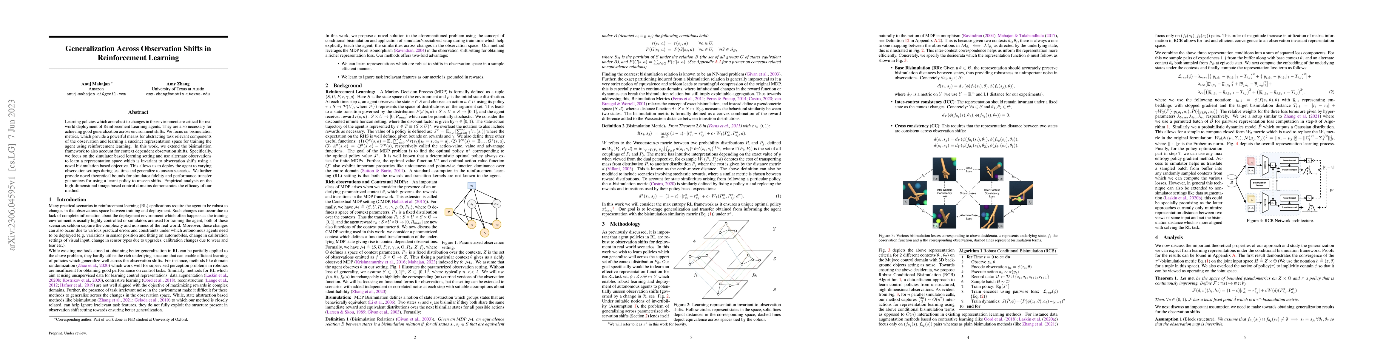 Thumbnail for Generalization Across Observation Shifts in Reinforcement Learning