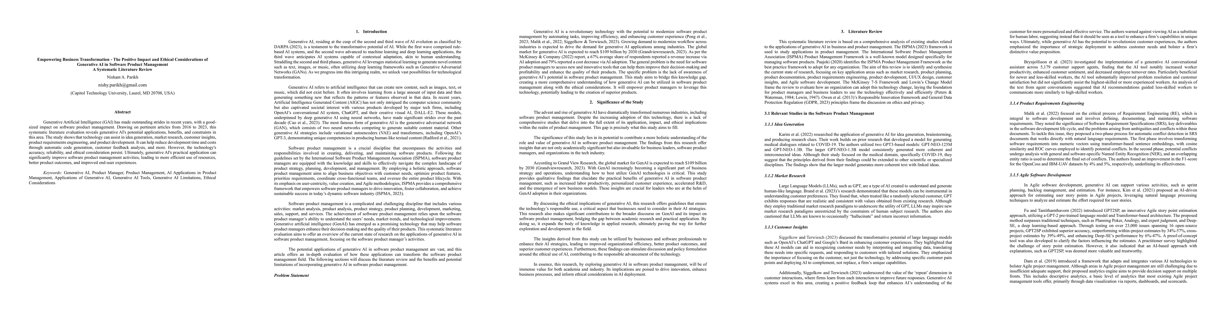 Thumbnail for Empowering Business Transformation: The Positive Impact and Ethical
  Considerations of Generative AI in Software Product Management -- A
  Systematic Literature Review