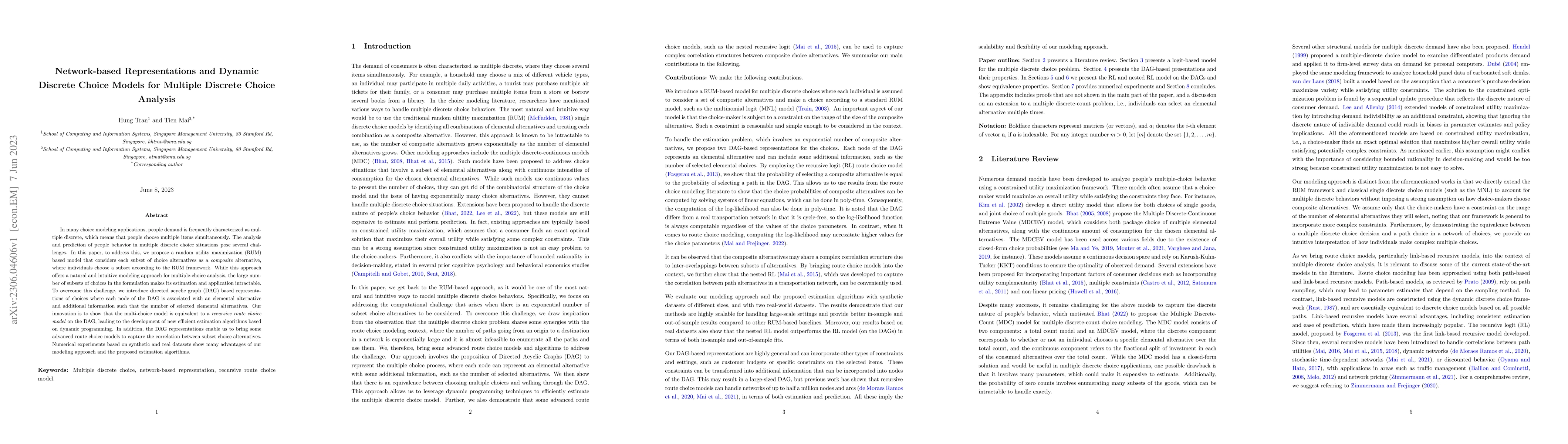 Thumbnail for Network-based Representations and Dynamic Discrete Choice Models for
  Multiple Discrete Choice Analysis