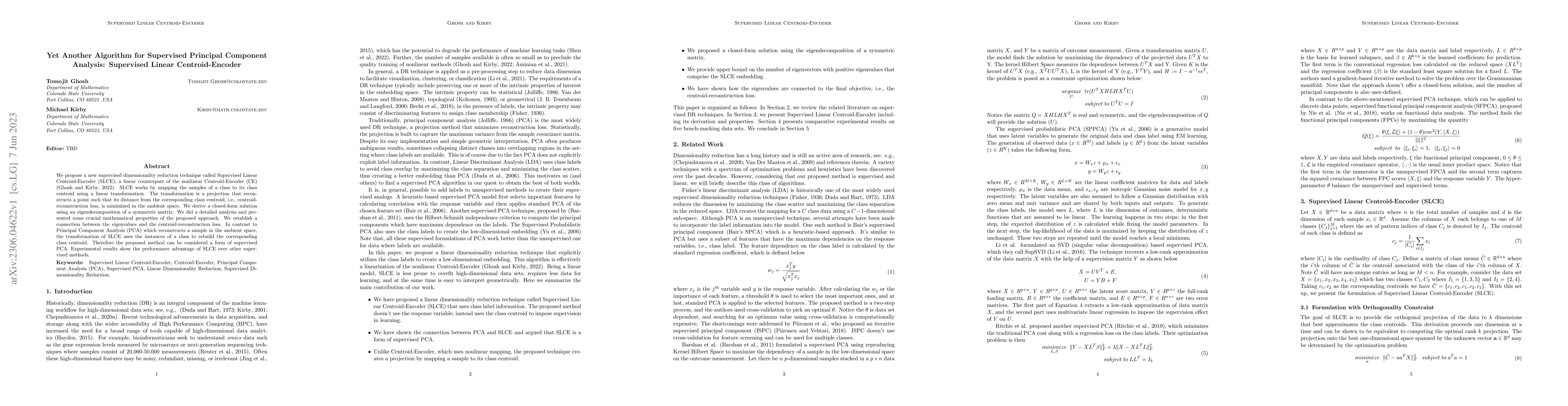 Thumbnail for Yet Another Algorithm for Supervised Principal Component Analysis:
  Supervised Linear Centroid-Encoder