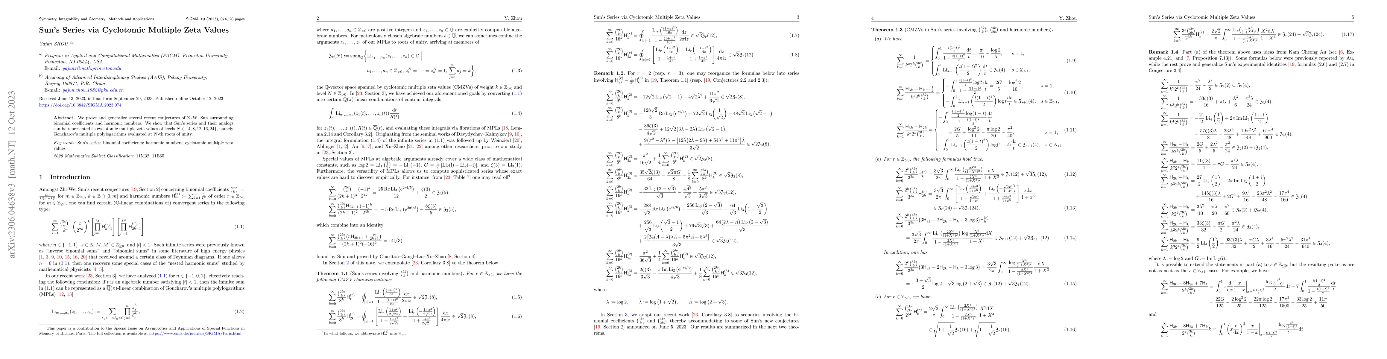 Thumbnail for Sun's Series via Cyclotomic Multiple Zeta Values