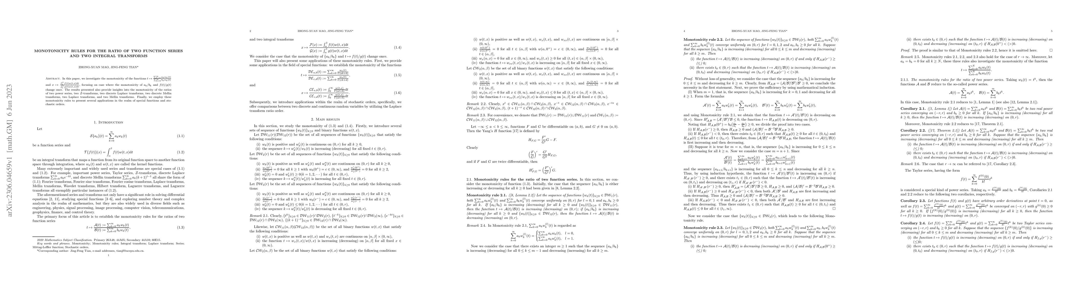 Thumbnail for Monotonicity rules for the ratio of two function series and two integral
  transforms