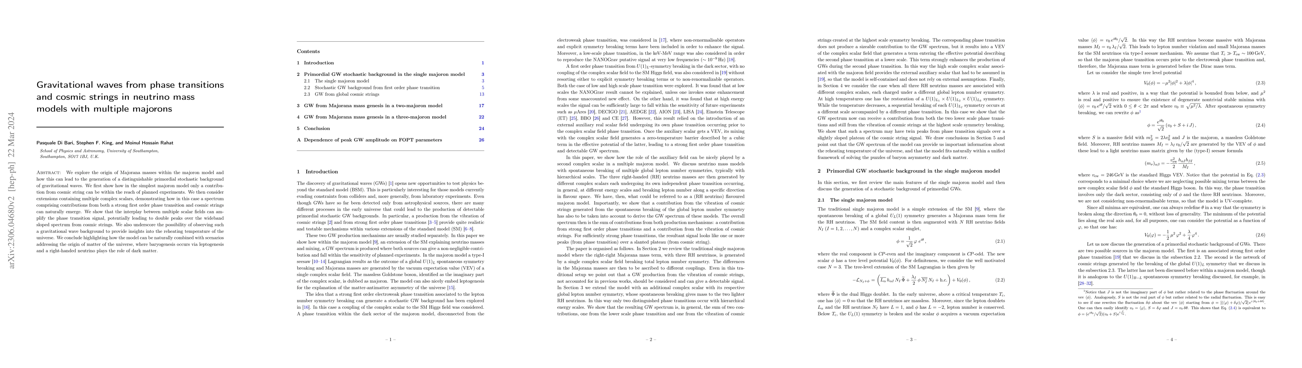 Thumbnail for Gravitational waves from phase transitions and cosmic strings in
  neutrino mass models with multiple majorons