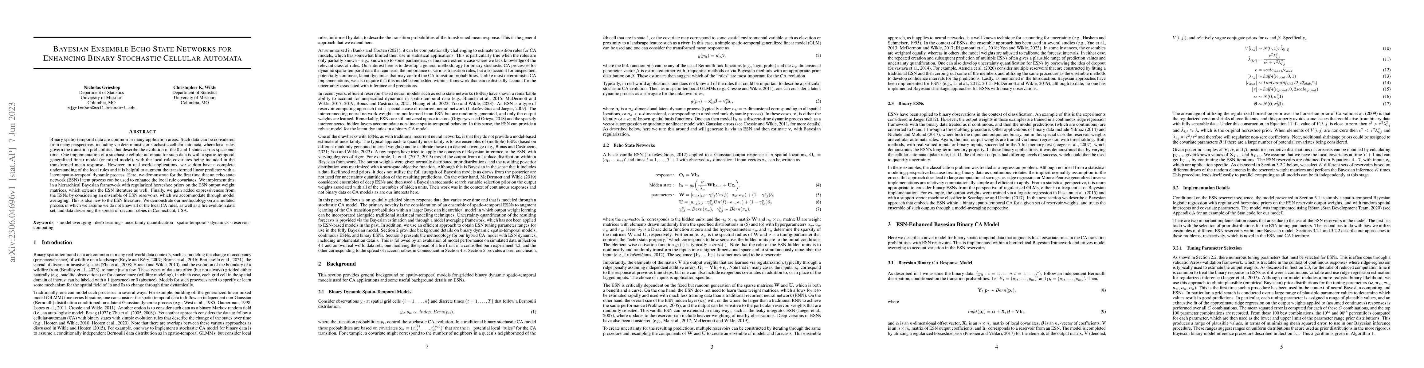 Thumbnail for Bayesian Ensemble Echo State Networks for Enhancing Binary Stochastic
  Cellular Automata