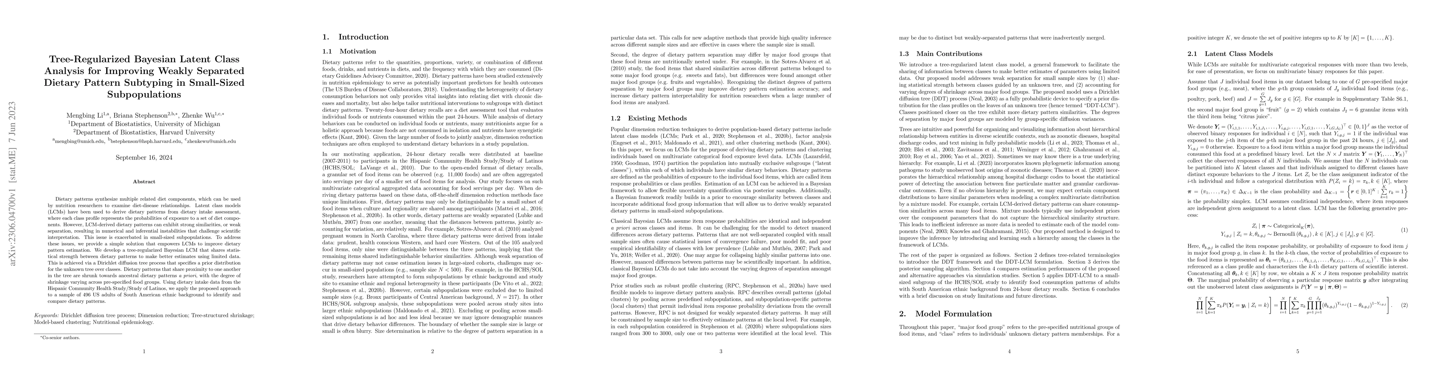 Thumbnail for Tree-Regularized Bayesian Latent Class Analysis for Improving Weakly
  Separated Dietary Pattern Subtyping in Small-Sized Subpopulations