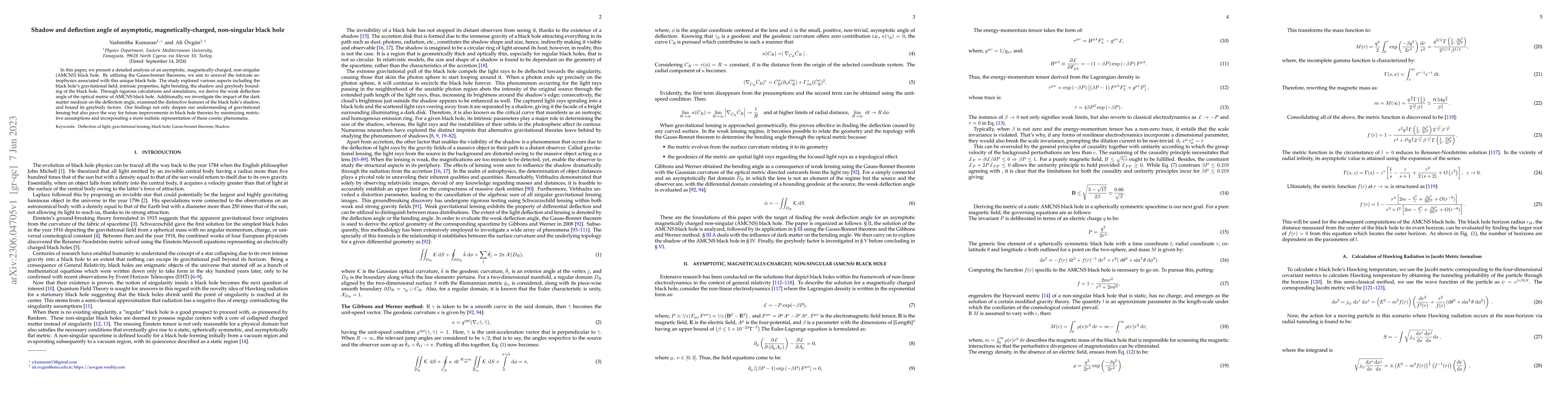 Thumbnail for Shadow and deflection angle of asymptotic, magnetically-charged,
  non-singular black hole