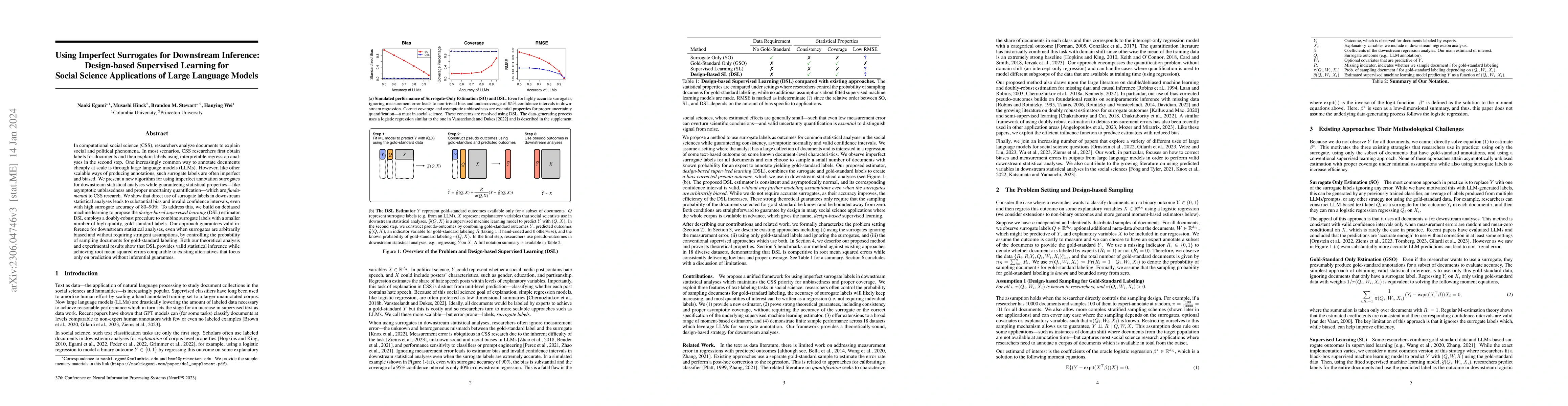 Thumbnail for Using Imperfect Surrogates for Downstream Inference: Design-based
  Supervised Learning for Social Science Applications of Large Language Models