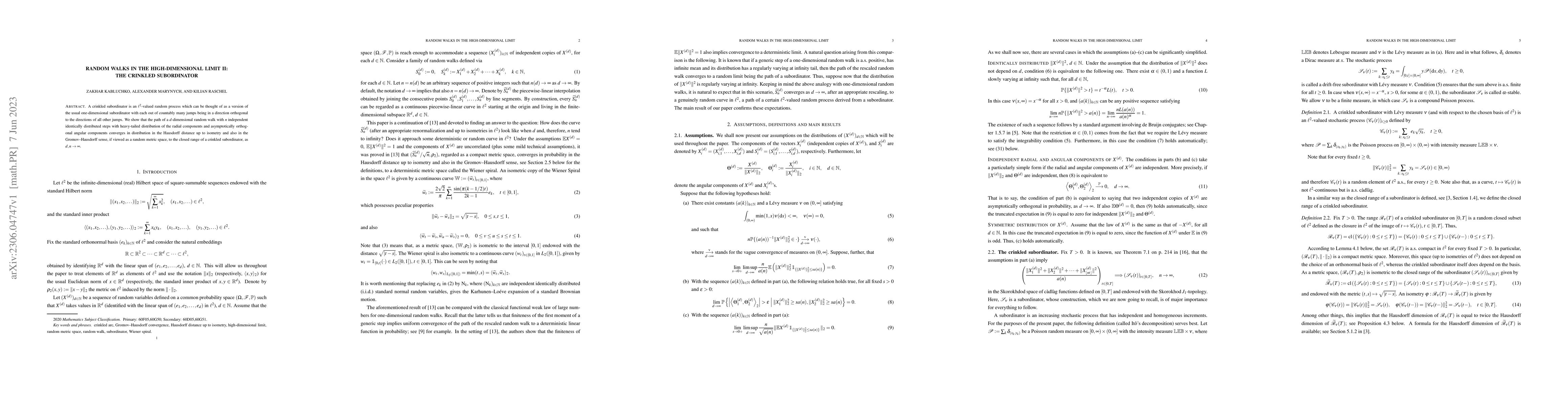 Thumbnail for Random Walks in the High-Dimensional Limit II: The Crinkled Subordinator