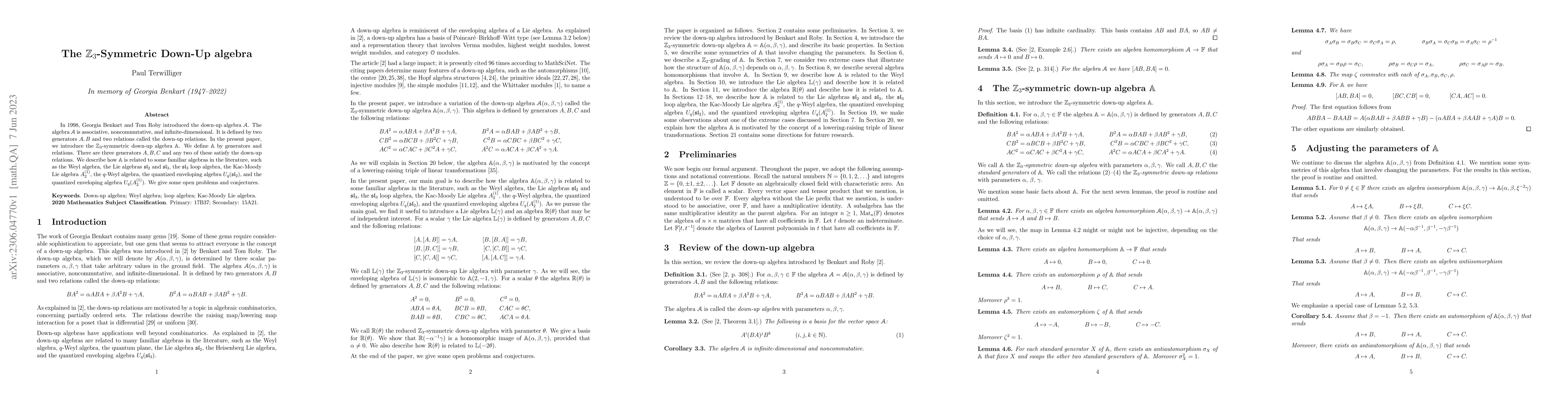 Thumbnail for The $\mathbb Z_3$-Symmetric Down-Up algebra